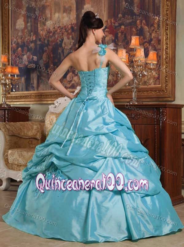 Teal One Shoulder Sweet Sixteen Dresses with Flowers and Beading