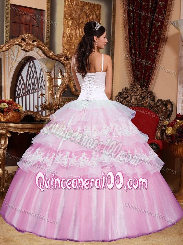 Spaghetti Straps Ruffled Layers Pink and White Sweet 15 Dresses