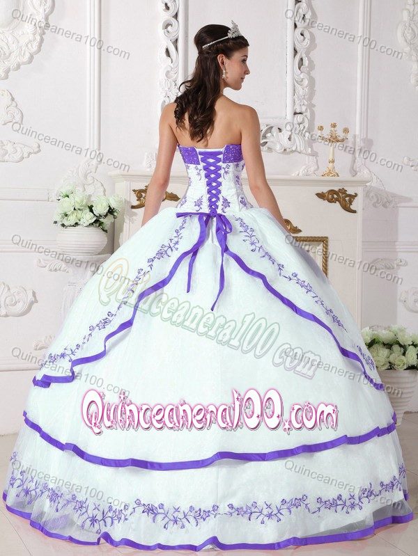 Beaded White Organza Sweet 15 Dress with Lavender Appliques 2015