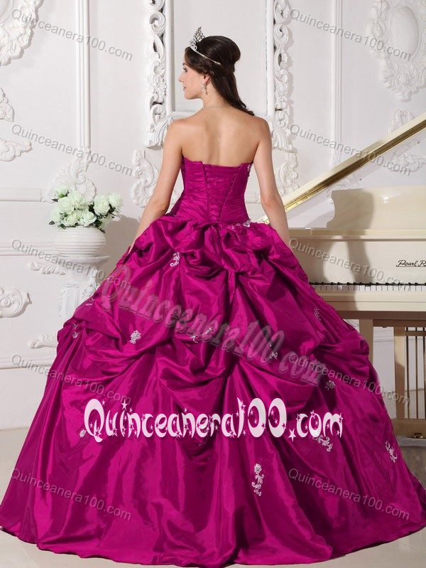 Fuchsia Taffeta Sweetheart Sweet 15 Dress with Appliques Pick ups