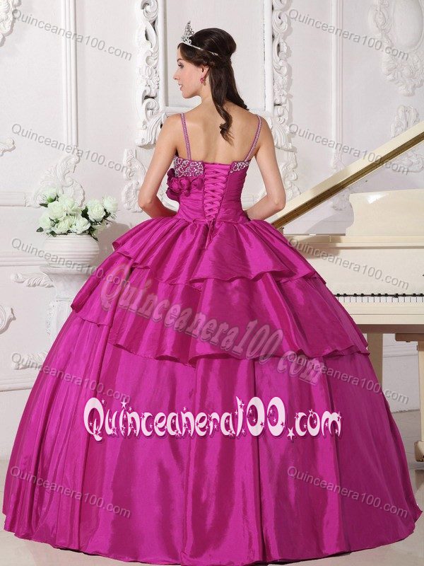 Flowery Beaded Fuchsia Quinceanera Gowns with Spaghetti Straps