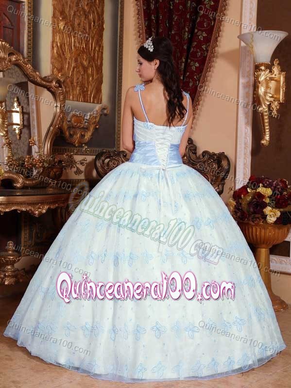 Light Blue Sash and Embroidery Accent White Quinceanera Dresses