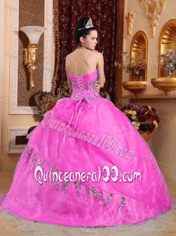 Rose Pink Sweetheart Organza Quinceanera Dresses with Appliques