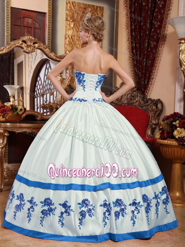 Blue Appliques and Frills Accent White Sweetheart Quinceanera Gown