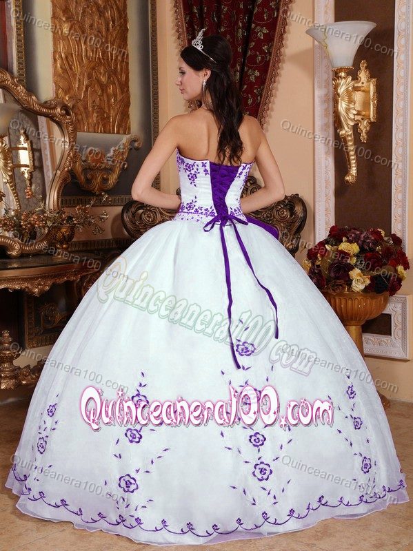 White Strapless Floor Length Quinceanera Gown with Purple Appliques