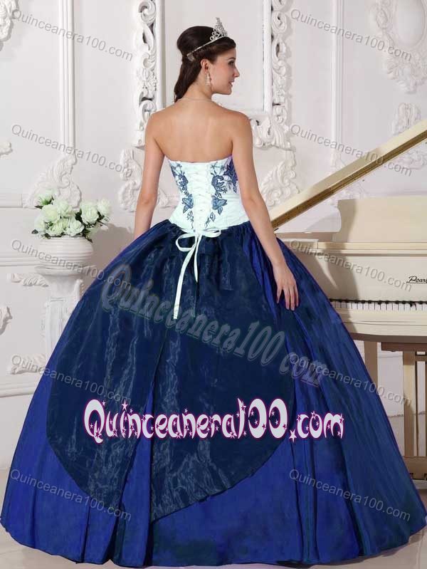 Embroidered Sweetheart Taffeta Quince Dresses in White and Blue