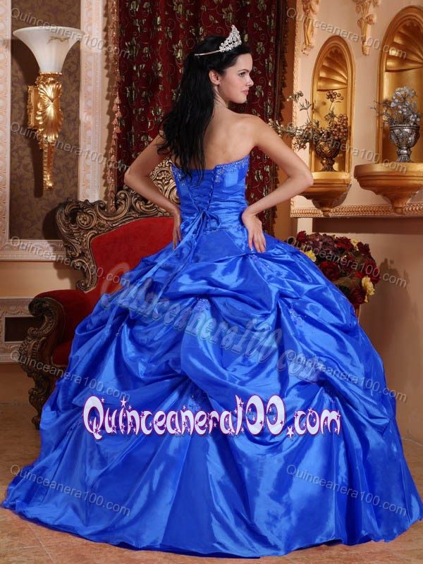 Royal Blue Taffeta Strapless Quince Dresses with Pick ups Appliques