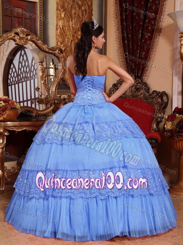 Light Blue Organza and Lace Strapless Appliqued Quince Dresses