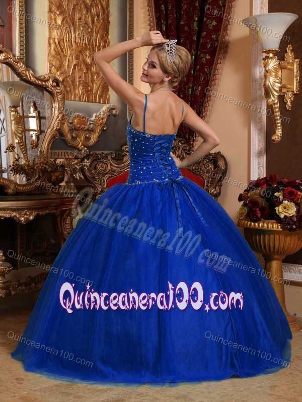 Beaded Royal Blue Tulle Quinces Dress with Spaghetti Straps