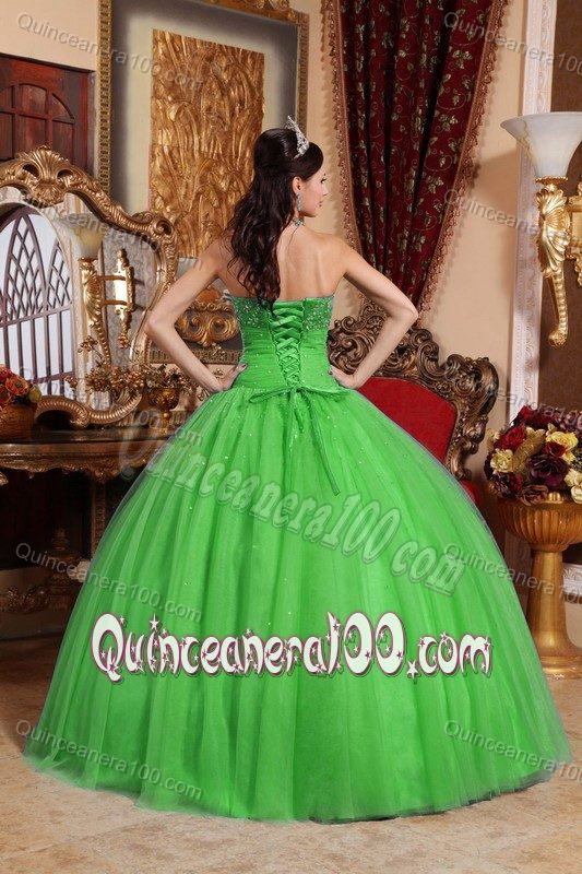 Spring Green Strapless Tulle Quinces Dresses with Appliques 2015