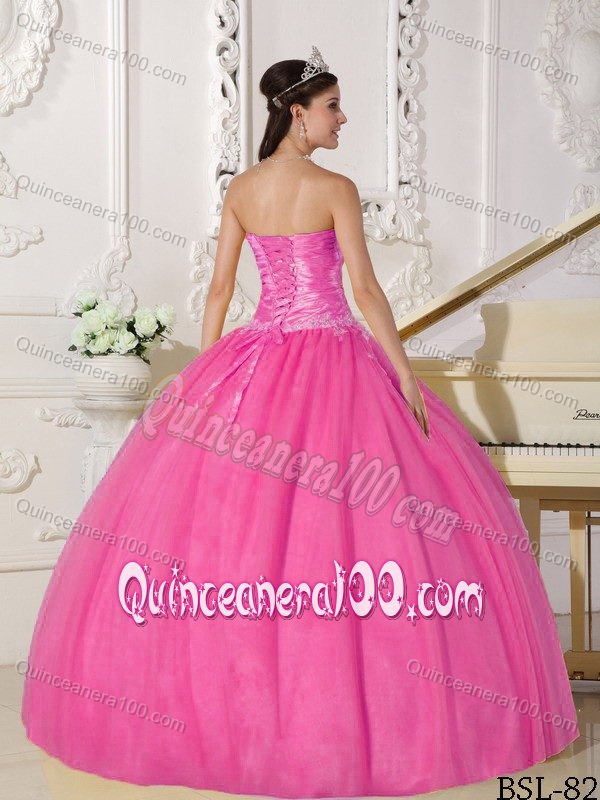 Appliqued Rose Pink Strapless Tulle Quinces Dresses Floor Length