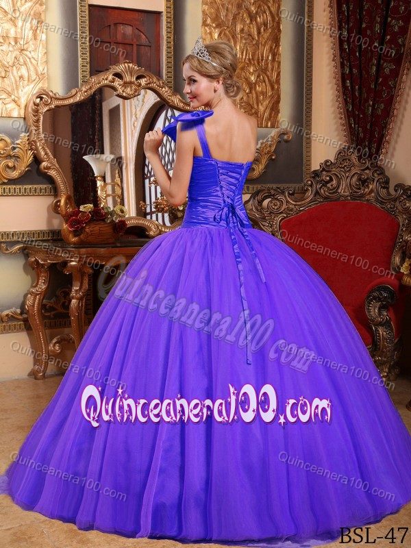 Bowknot Accent One Shoulder Purple Quinceanera Dress Floor Length