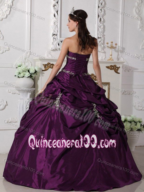 Dark Purple Strapless Quinceanera Dress with Appliques and Pick ups