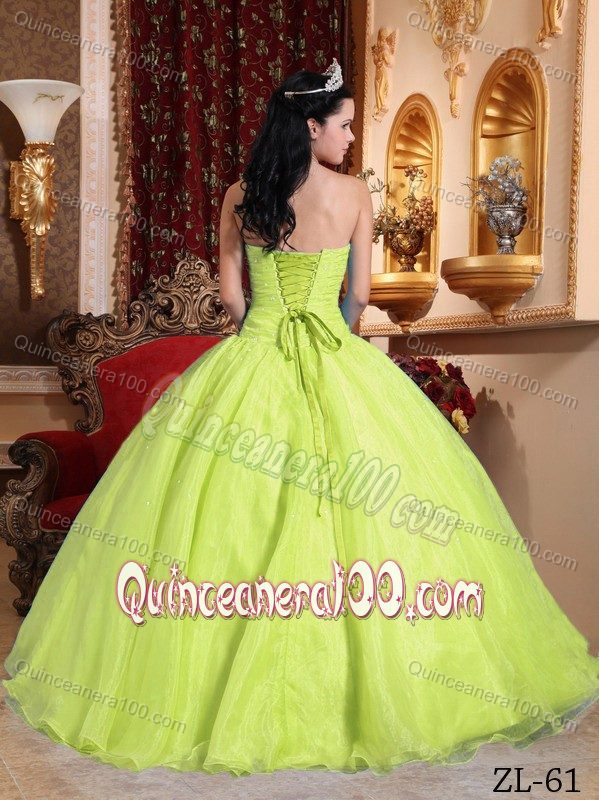 Yellow Green Ruched Bodice Quince Dresses with Appliques