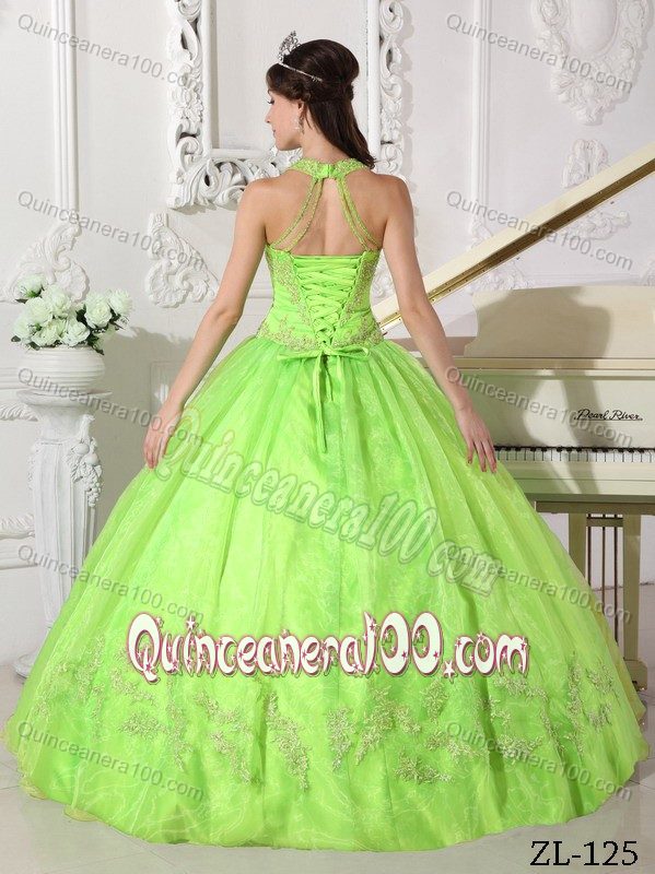 Embroidery Yellow Green Dresses Quinceanera with Halter Top