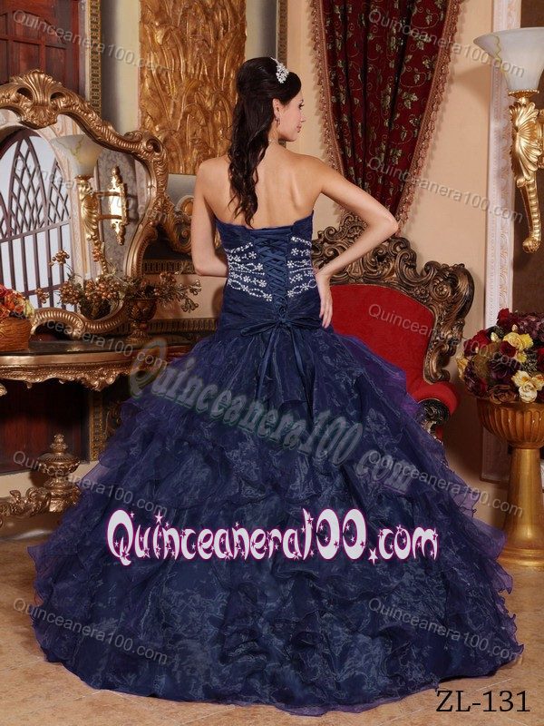 Beading Navy Blue Ruched Bodice Dress for a Quince with Ruffles