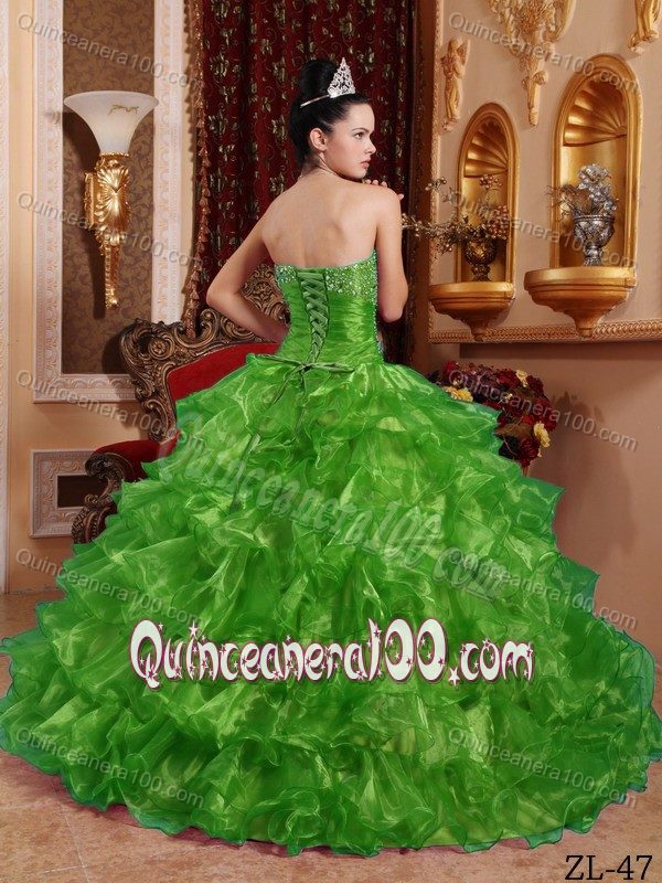 Popular Grass Green Beading Dresses for a Quince with Ruffles