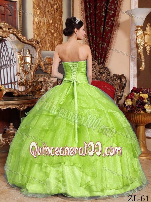 Ruched Yellow Green Strapless Sweet Sixteen Dresses with Tiers