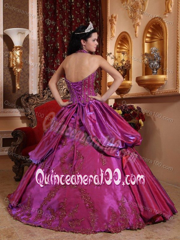 Haltered Fuchsia Appliqued Dress for Sweet 16 with Ruffles