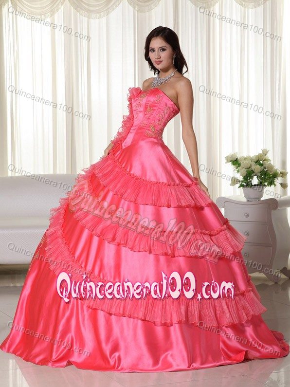 Coral Red Strapless Embroidery Dresses for a Quince with Pleats