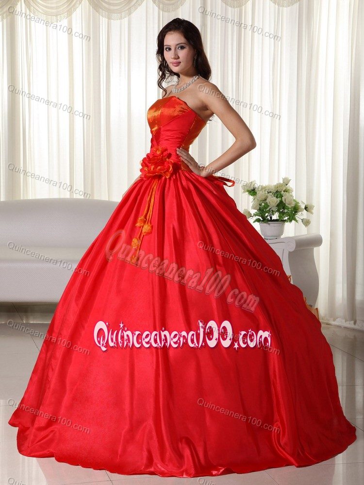 Red Strapless Quince Dresses with Handmade Flowers On Waist