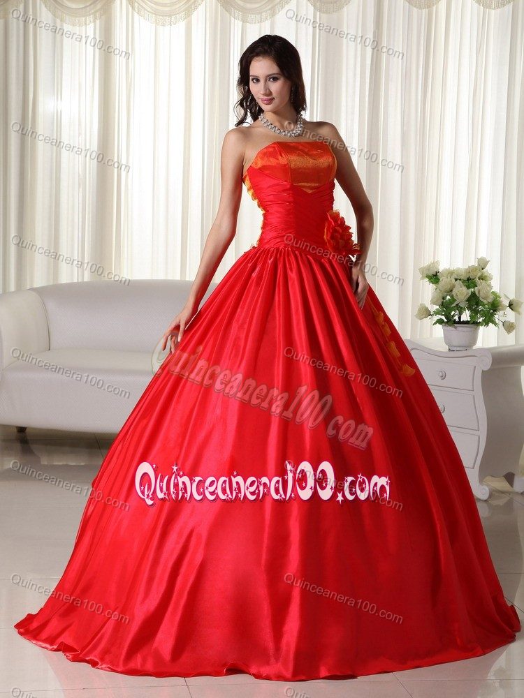 Red Strapless Quince Dresses with Handmade Flowers On Waist