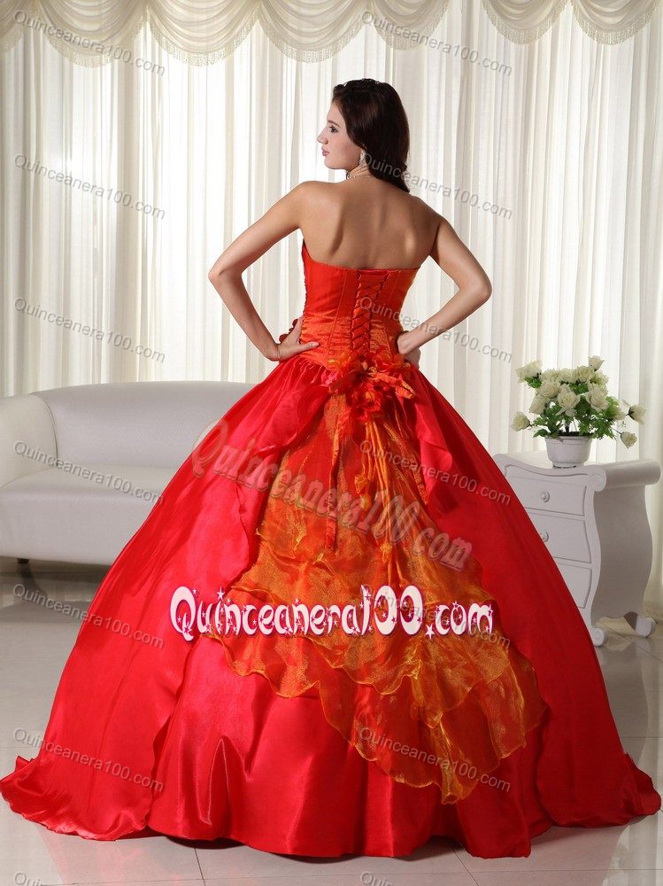 Red Strapless Quince Dresses with Handmade Flowers On Waist