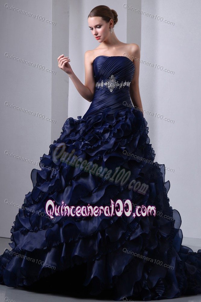 Navy Blue A-line Dresses for a Quince with Appliqued Waist