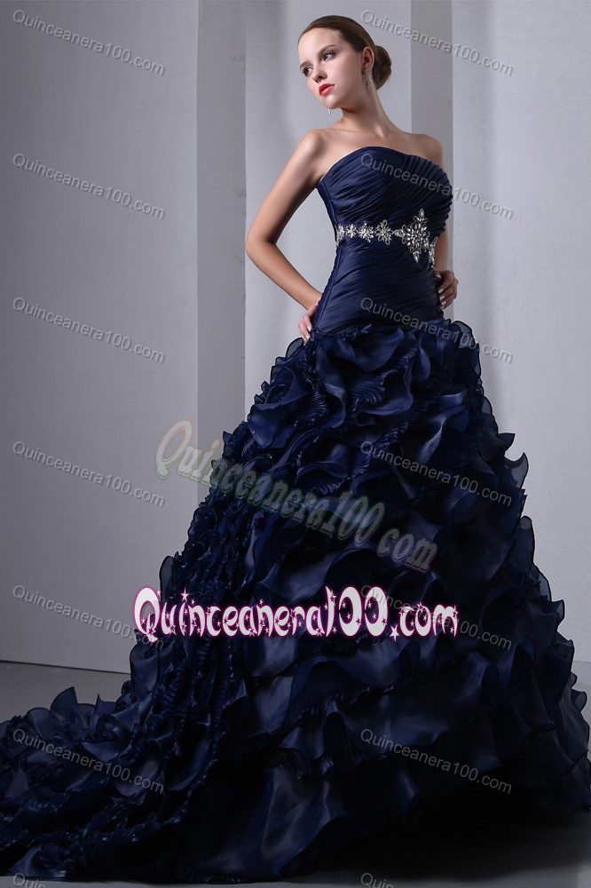 Navy Blue A-line Dresses for a Quince with Appliqued Waist