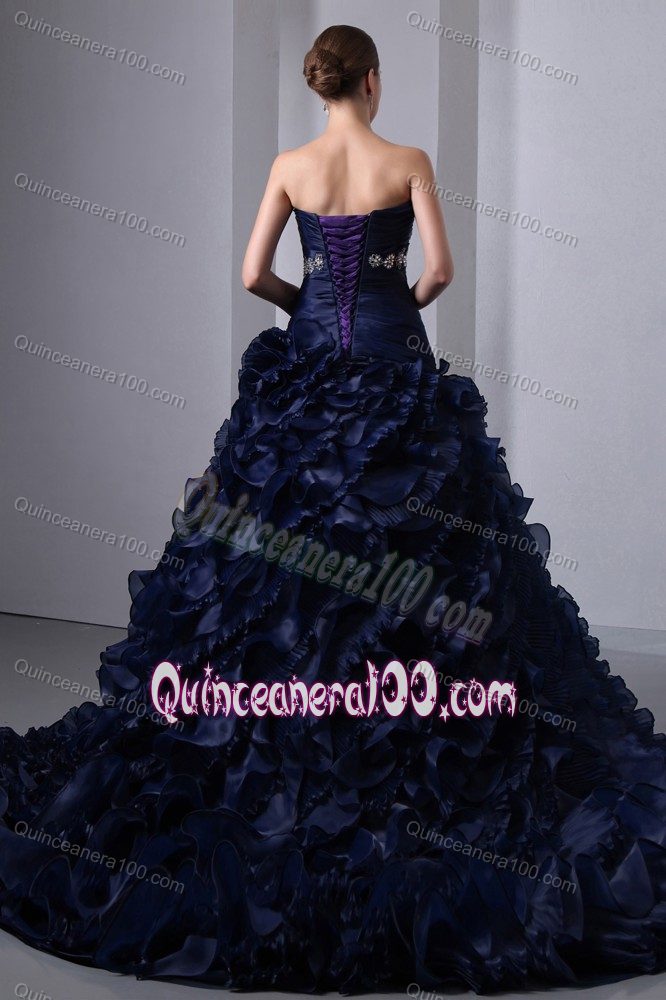 Navy Blue A-line Dresses for a Quince with Appliqued Waist