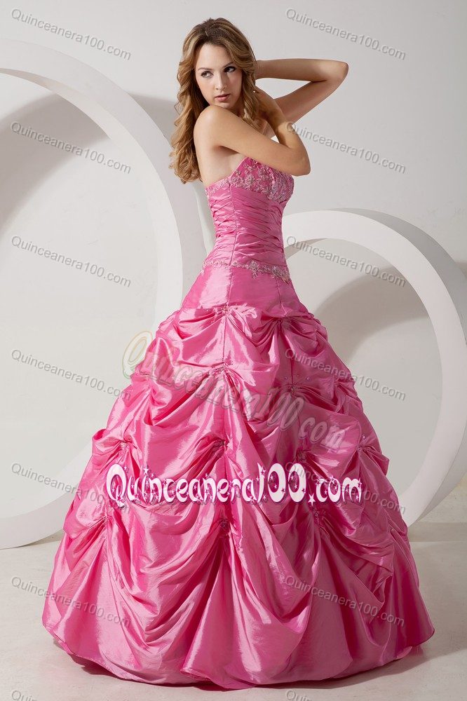 Appliqued Rose Pink A-line Dresses for a Quince with Pick-ups