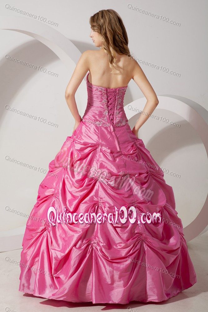 Appliqued Rose Pink A-line Dresses for a Quince with Pick-ups