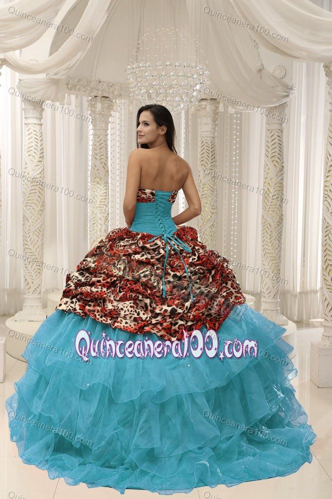 Sky Blue Strapless Quinceanera Gowns with Leopard Pick-ups