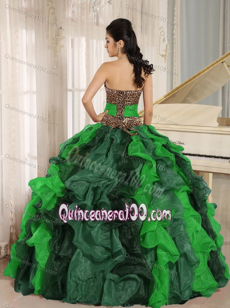 V-neck Colorful Ruffled Sweet 16 Dresses with Leopard Bodice