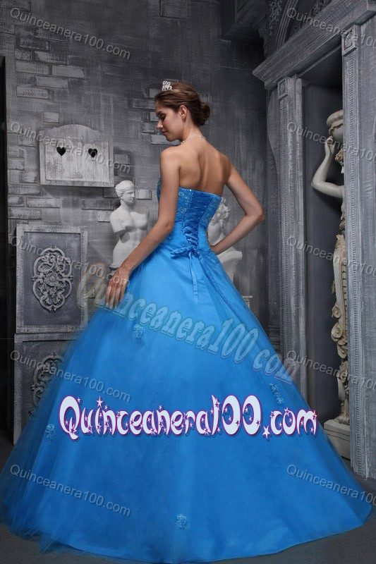 Blue Beading and Appliqued Dress for Sweet 16 with Lace Hem