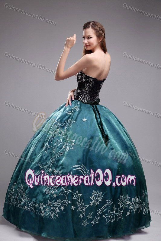 Teal and Black Sweet 15/16 Birthday Dress with Embroidery