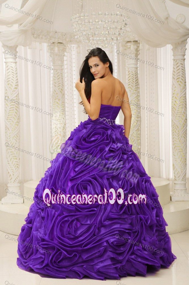 Elegant Purple Beading Waist Dresses of 15 with Rolling Flowers