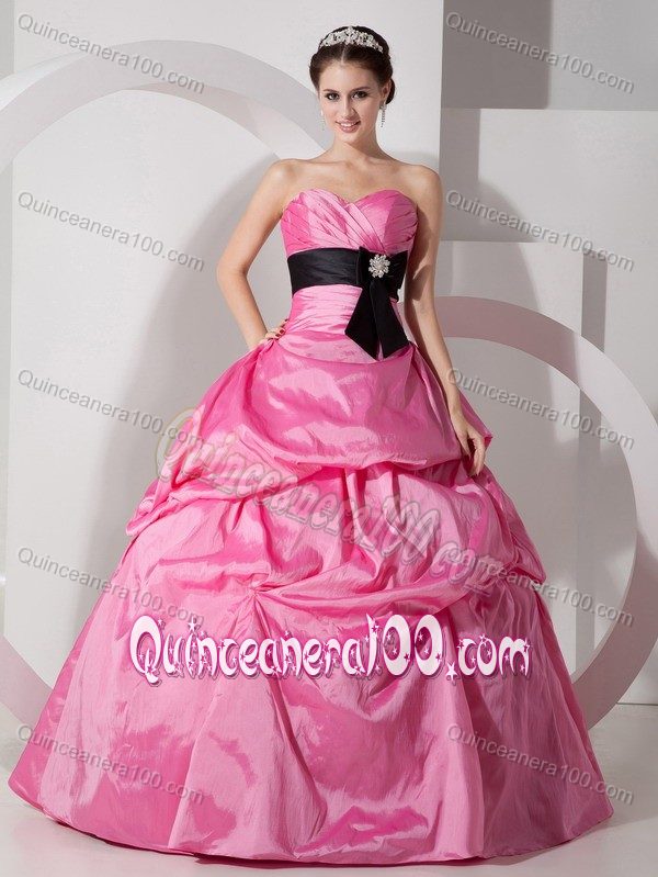 Hot Pink Lace Up Sweet 15 Dress with Black Bowknot and Pick-ups