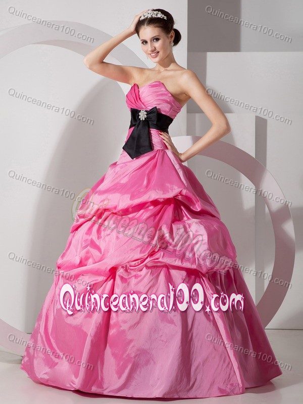 Hot Pink Lace Up Sweet 15 Dress with Black Bowknot and Pick-ups