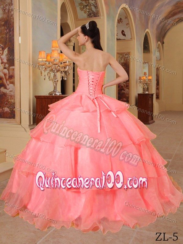 Watermelon Sweetheart Muti-tiered Sweet 15 Dress with Ruffles