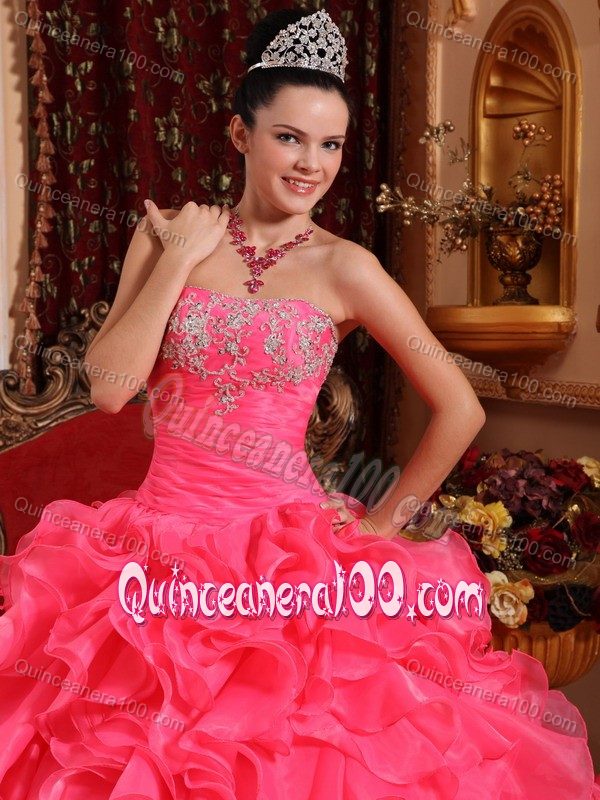 Hot Pink Ruched Sweet 15 Dresses with Appliques and Ruffles