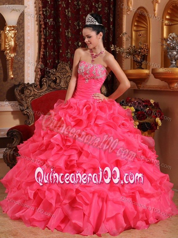 Hot Pink Ruched Sweet 15 Dresses with Appliques and Ruffles