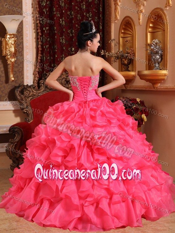 Hot Pink Ruched Sweet 15 Dresses with Appliques and Ruffles