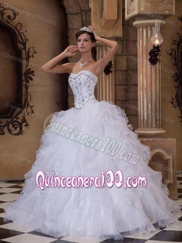 Beading Appliqued White Organza Dress for 16 with Ruffles