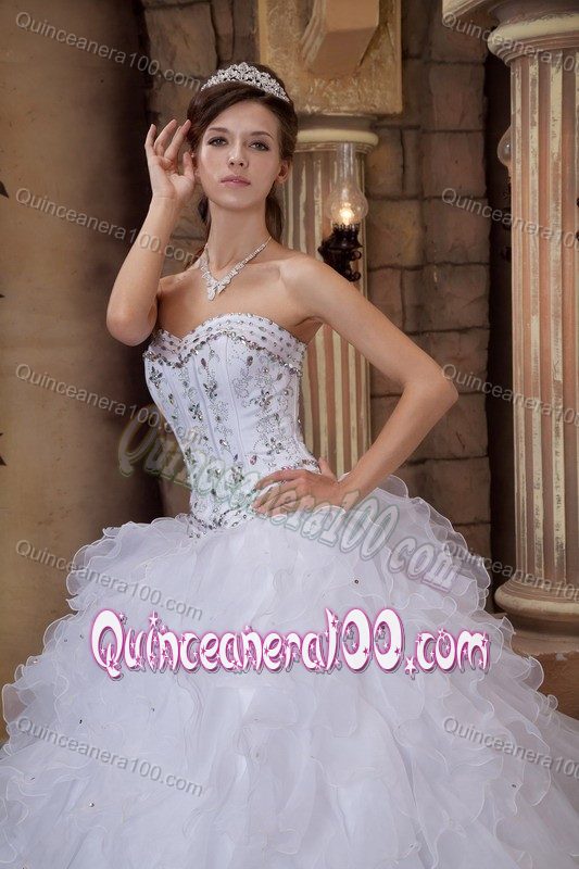 Beading Appliqued White Organza Dress for 16 with Ruffles