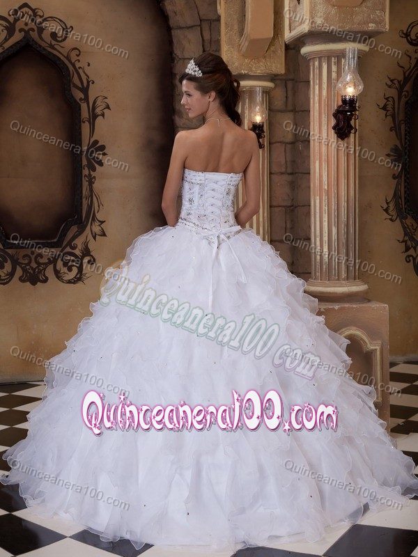 Beading Appliqued White Organza Dress for 16 with Ruffles