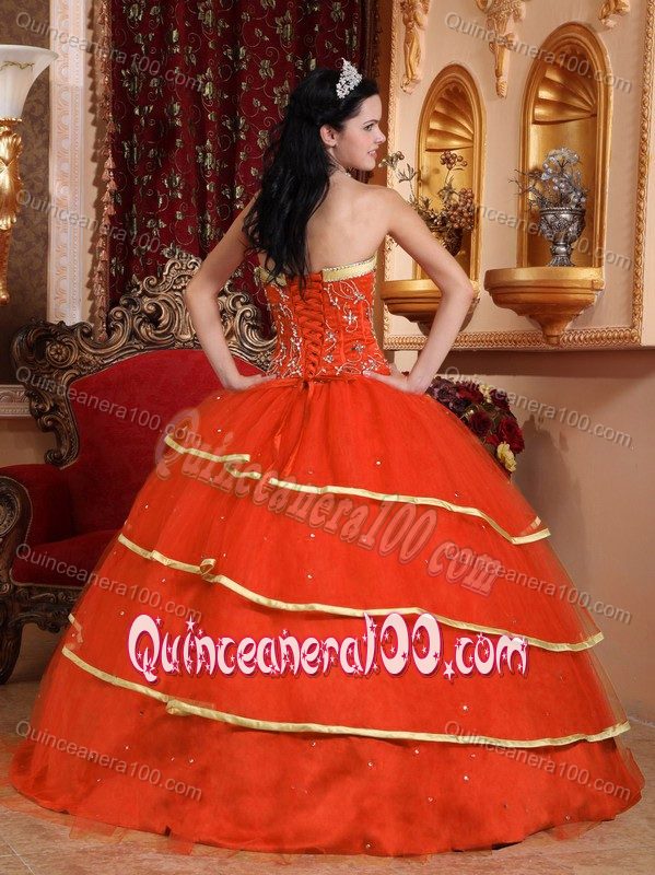 Orange Red Beading Appliqued Quince Dresses with Golden Hem