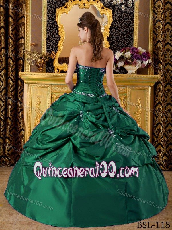 Popular Beading Strapless Green Dress for Sweet 16 with Pick-ups