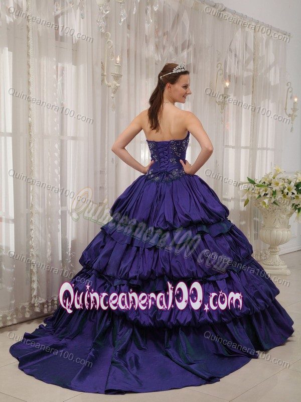 Purple Ball Gown Beading Taffeta Dress for Quince with Pick-ups