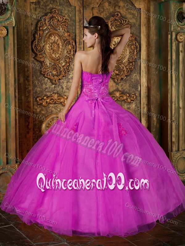 Inexpensive Organza Fuchsia Sweet Fifteen Dresses with Appliques